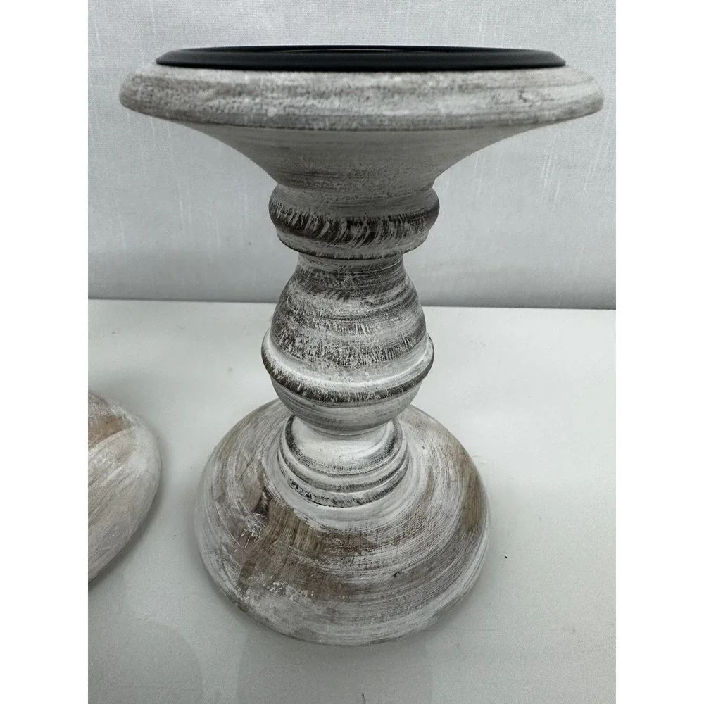 Set Of 2 India Hand Carved Wood Chapel Pillar Candle Holder 6
